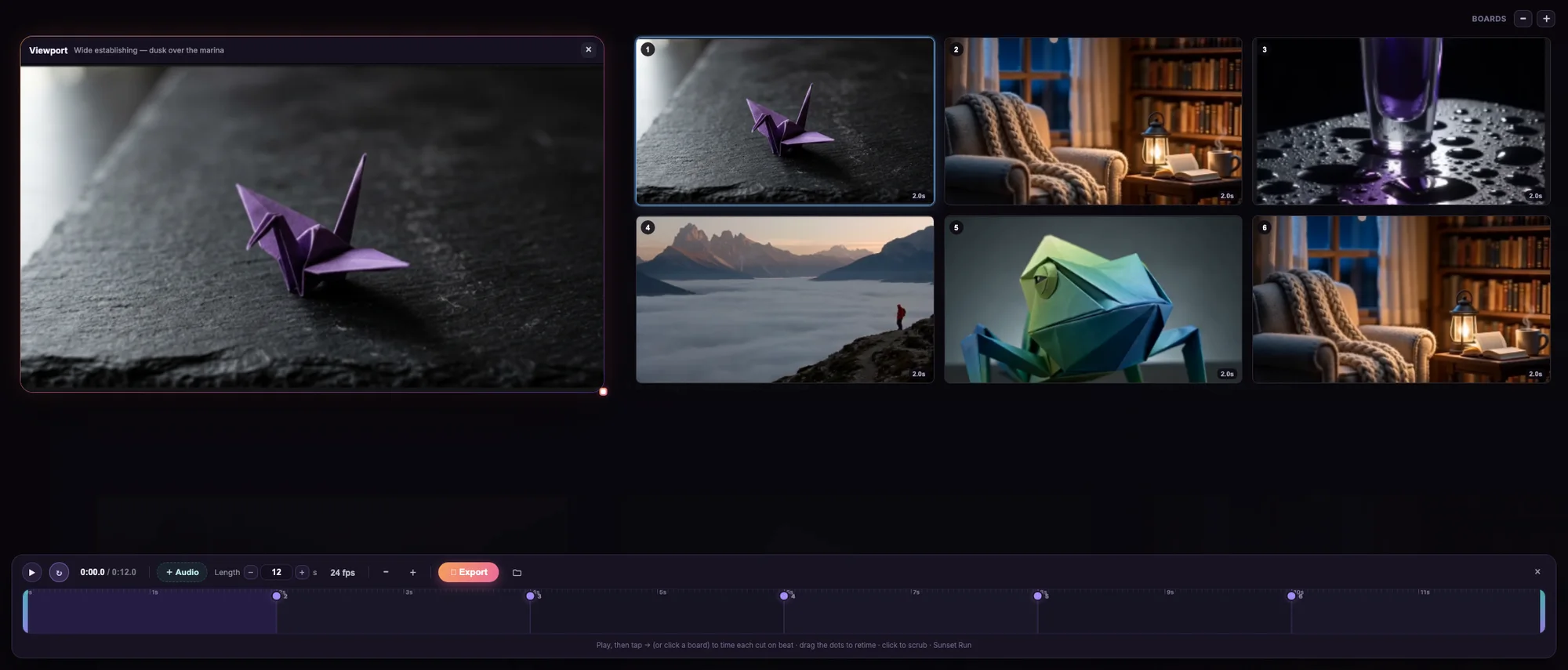 Animatic mode: storyboard panels on a playable timeline